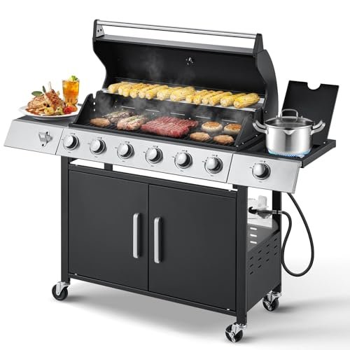 UPHYB Upgraded 6 Burner Propane Gas Grill with Side Burner
