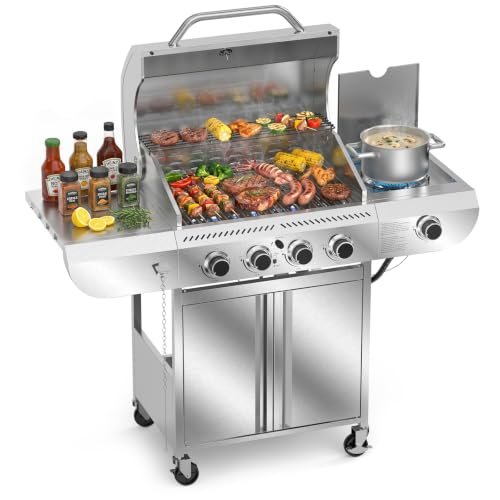 Electactic Stainless Steel 4-Burner Gas Grill with Side...