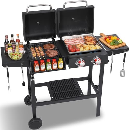 LMNOCHM Charcoal and Gas Grill Combo with Cast Iron Grates