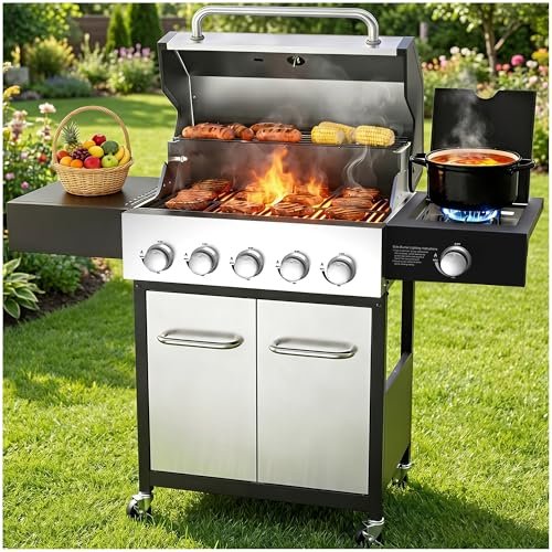 Veralune 5 Burner Gas Grill with Side Burner, 68,000 BTU.