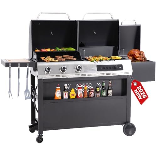 3 Burner Gas and Charcoal Grill Combo with Offset Smoker