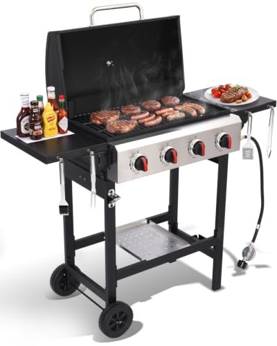 GRILL DEPOTS 4-Burner Propane Gas Grill with Folding Side...